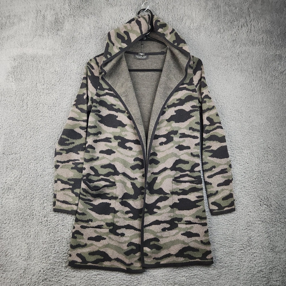 Rachel Zoe Hooded Cardigan Womens XS‎ Green Camo Open Front Longline Sweater